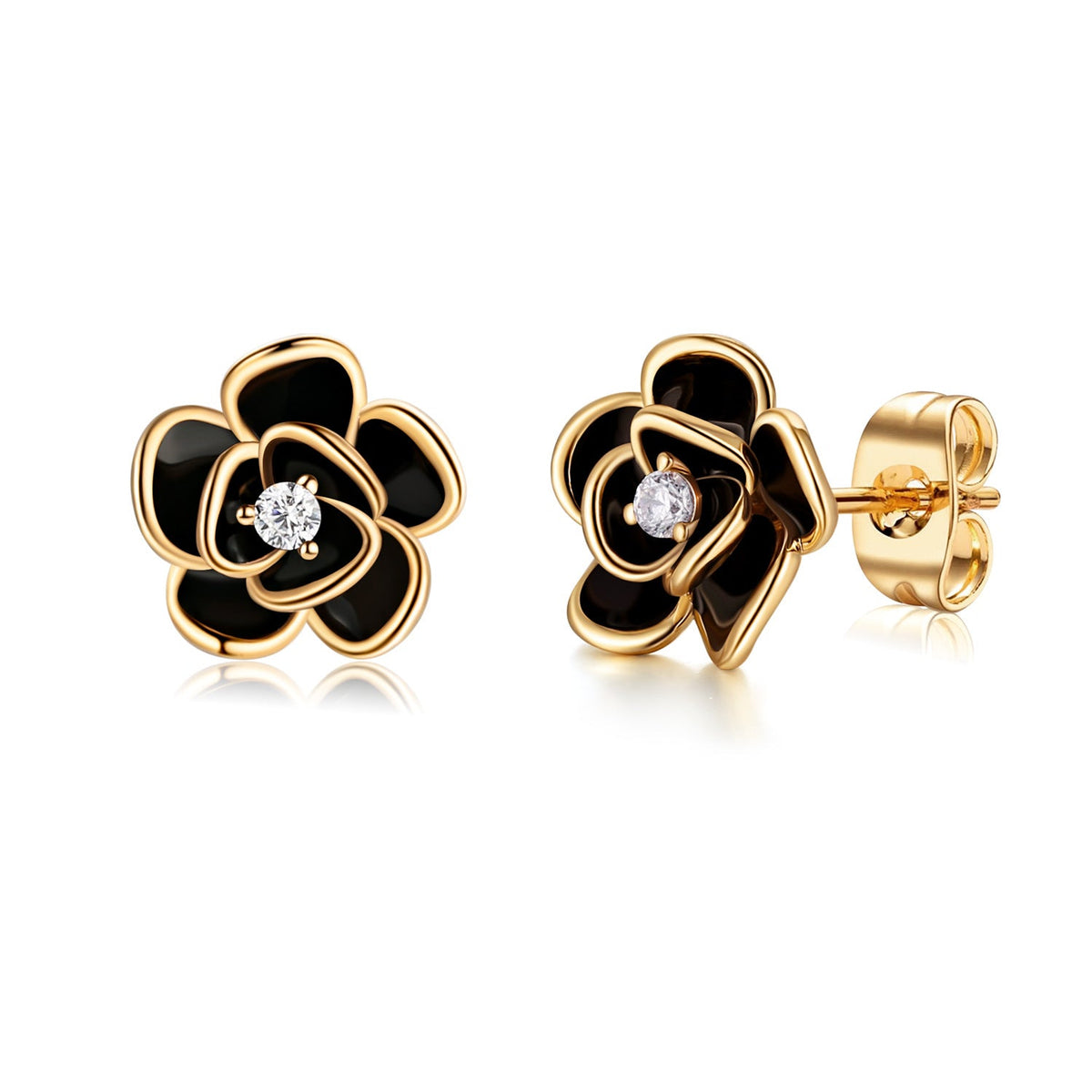 Camellia Black Enamel Stud Earrings