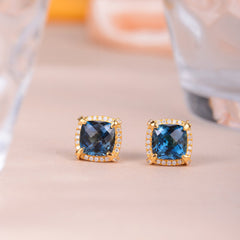 Soleste Halo Square Natural London Blue Topaz Silver Stud Earrings