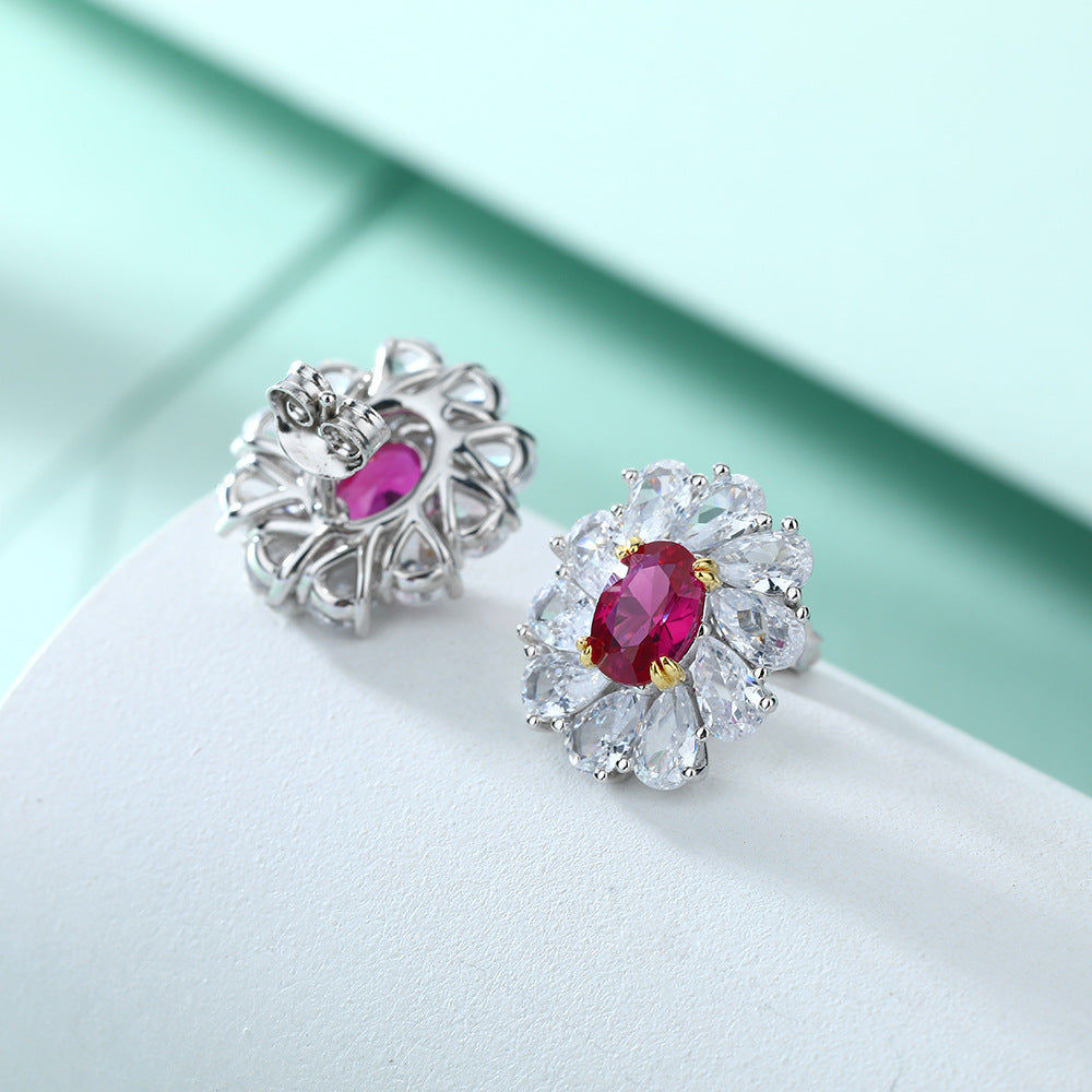 Oval Purple Zircon Flower Shape Silver Studs Earrings for Women