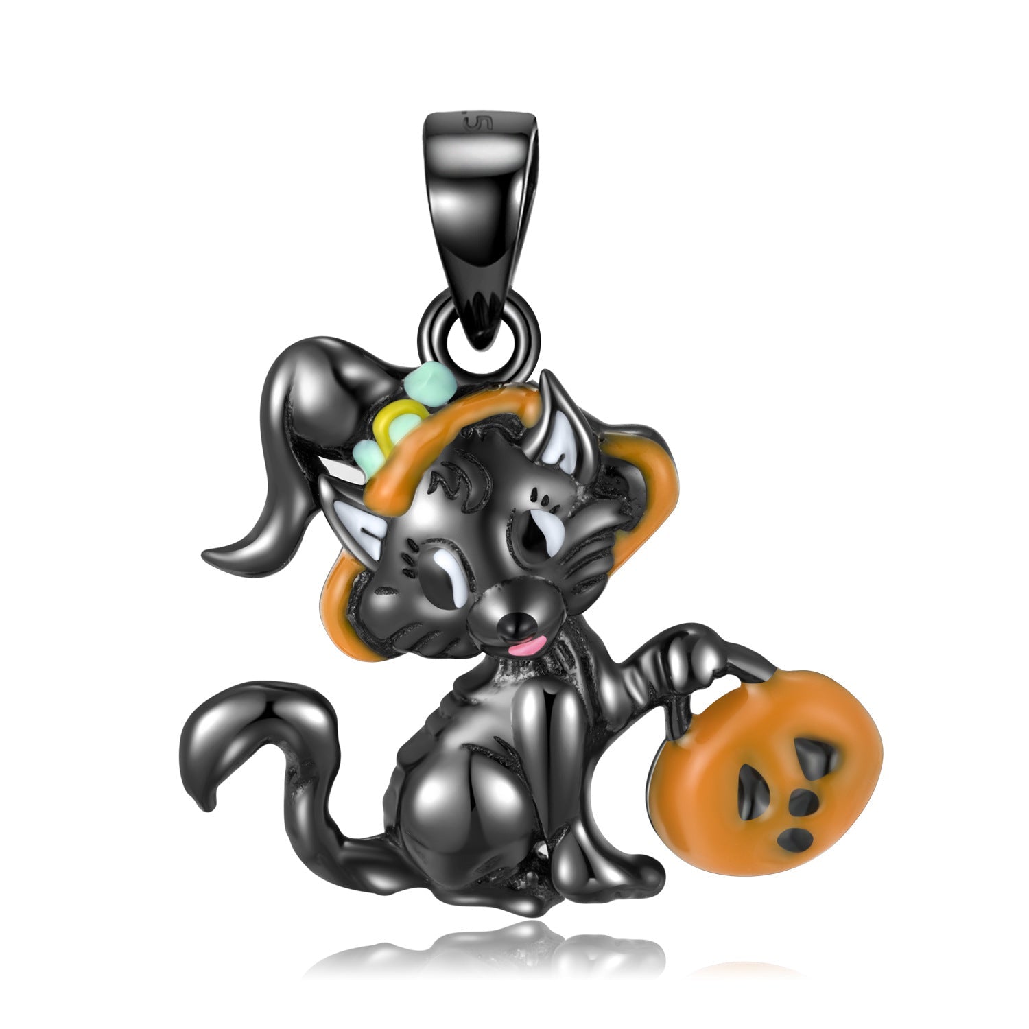 Halloween Black Witch Kitten Pendant Silver Necklace