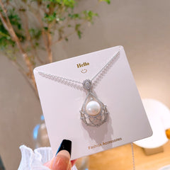 Pear Drop Net with Round Natural Pearl Pendant Silver Necklace for Women