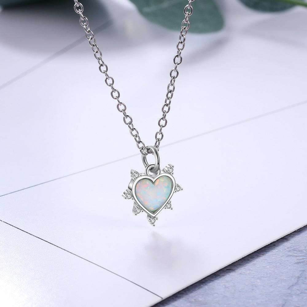 Heart Shape Opal with Small Zircon Sterling Silver Necklace