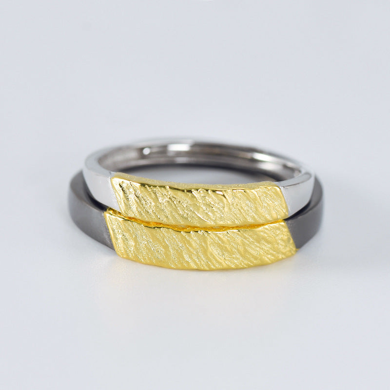 Gold Colour Rock Textured Pleated Silver Couple Ring for Women