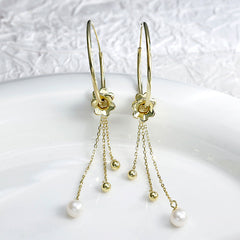 Tassel with Pearl Silver Hoop Earrings for Women