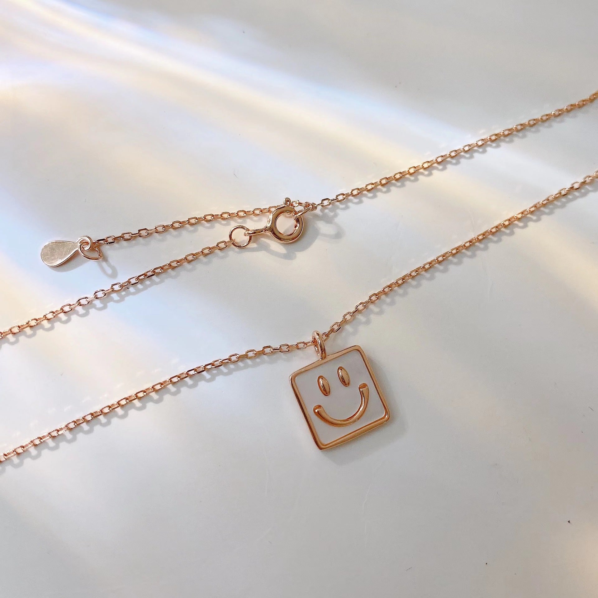 Smiley Face Square Pendant Silver Necklace for Women