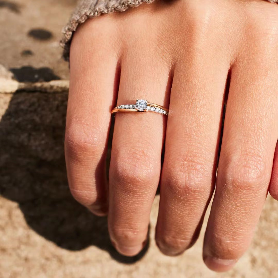 Stylish Round Zircon Slim Two Tone Sterling Silver Ring