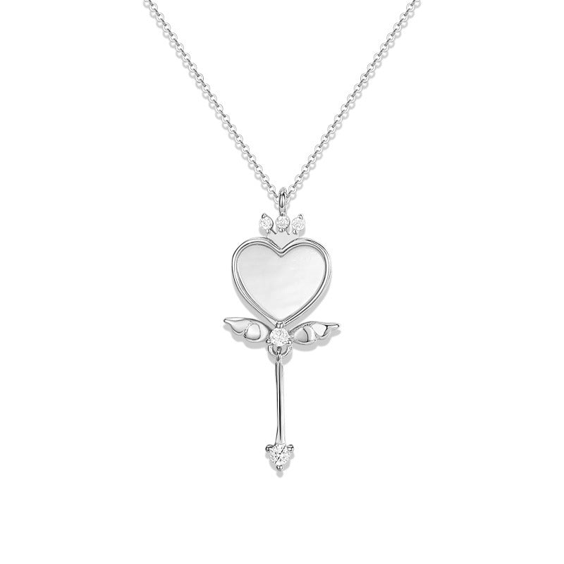 Mother of Pearl Heart Angel Pendant Silver Necklace for Women