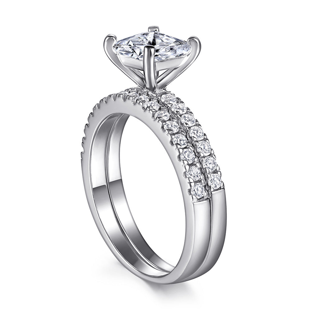 Princess Cut Zircon with Half Eternity Silver Ring Set for Women