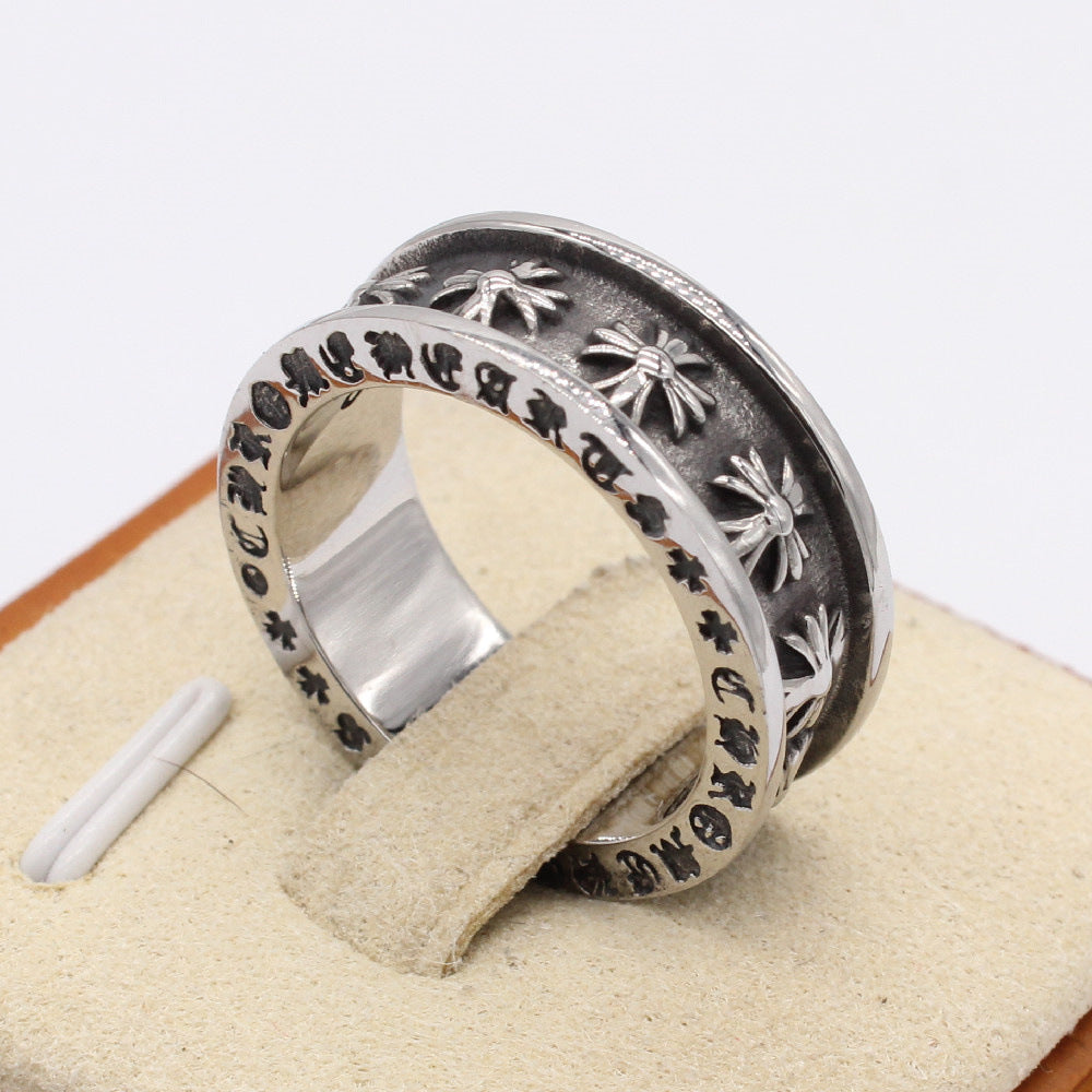 Row of Cross Flower Grooved Titanium Steel Ring for Men