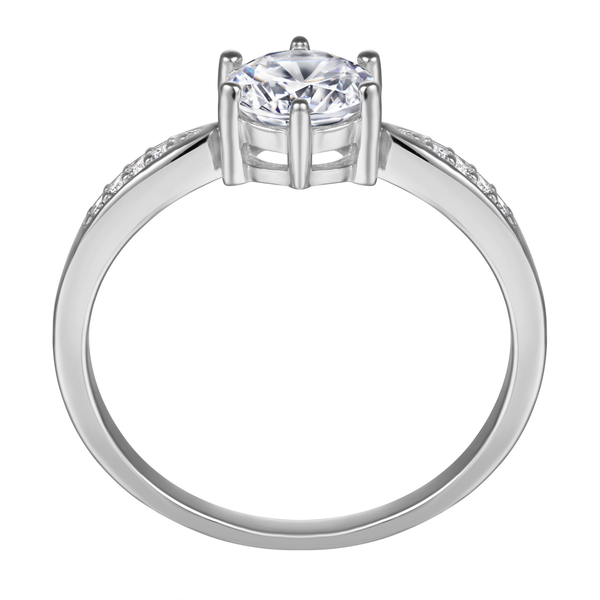 Round Zircon Six Prongs Cathedral Silver Ring