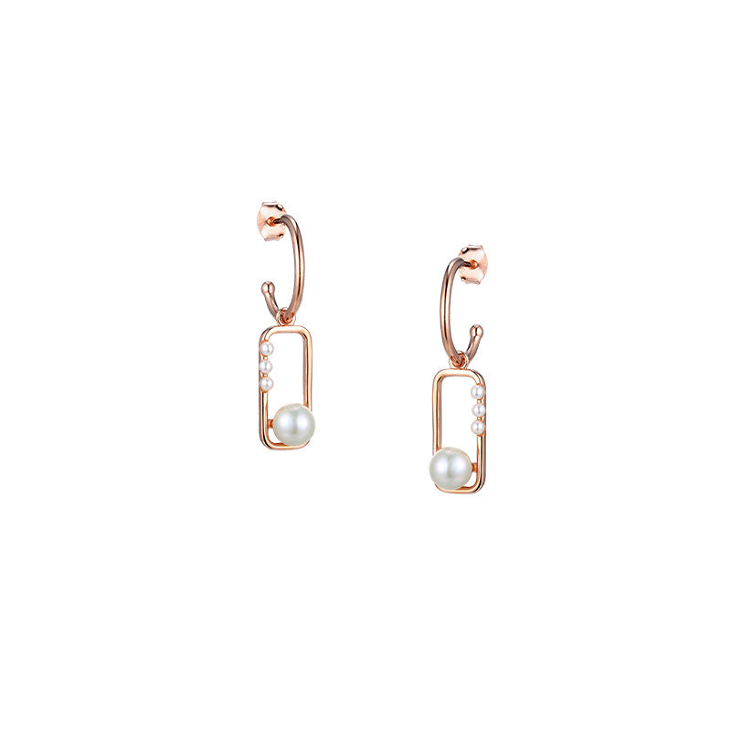 Hollow Rectangular with Pearl Silver Drop Earrings for Women