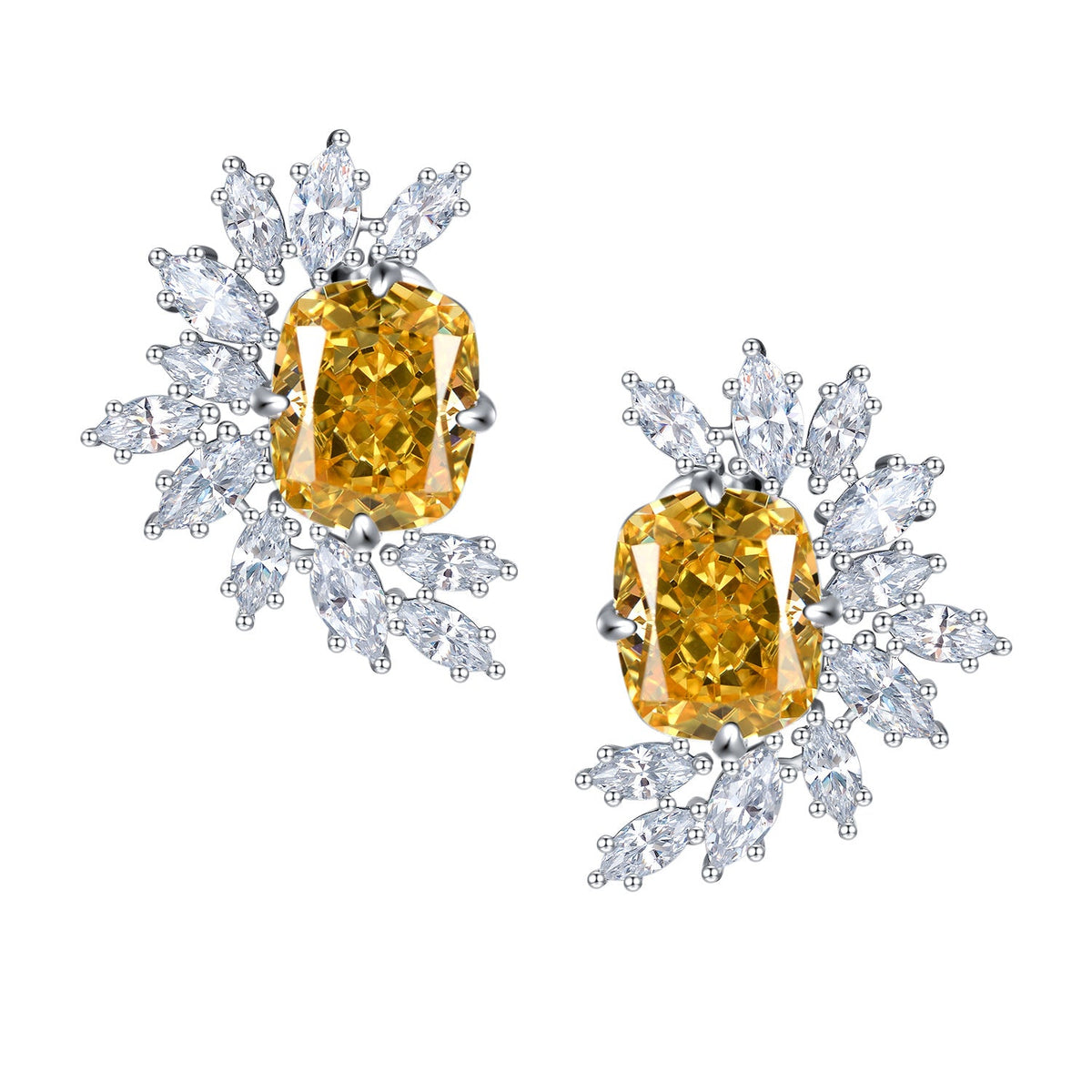 Yellow Zircon 9*11mm Rectangle Ice Cut Half Annular Petals Silver Studs Earrings for Women