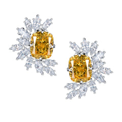 Yellow Zircon 9*11mm Rectangle Ice Cut Half Annular Petals Silver Studs Earrings for Women