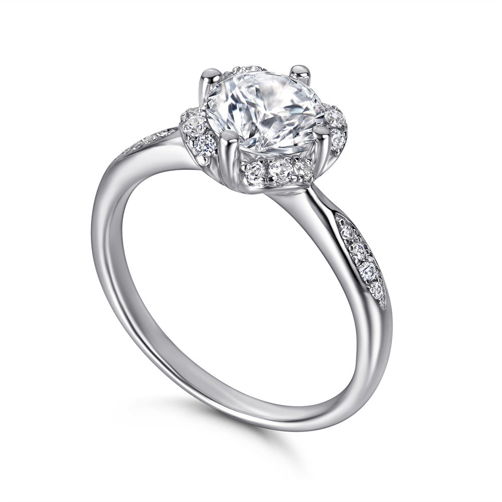 Round Zircon Flower Four Prongs Silver Ring