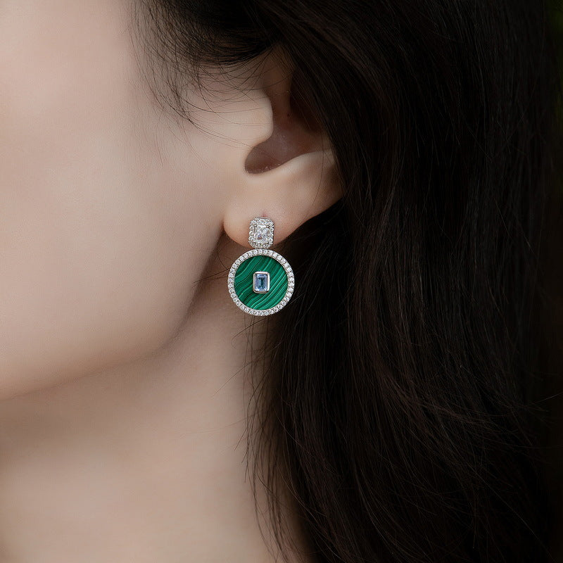 Round Shape Malachite Pendant Blue and White Zircon Sterling Silver Drop Earrings