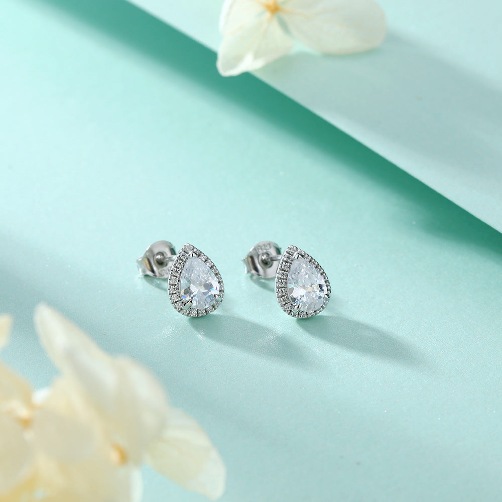 Water Drop Zircon Soleste Halo Silver Studs Earrings for Women