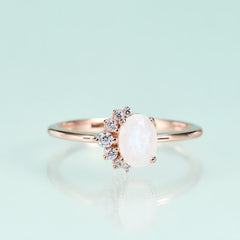 Half Circle Halo Oval Natural Moonstone Silver Ring