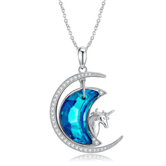 Blue Zircon Moon Unicorn Silver Necklace