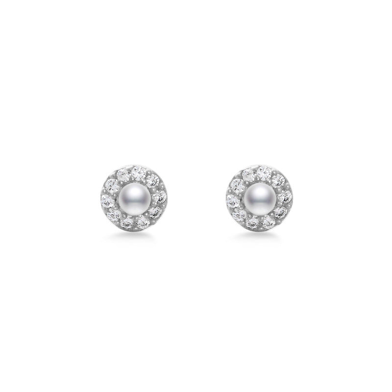 Small Freshwater Pearl Soleste Halo with Zircon Silver Stud Earrings for Women