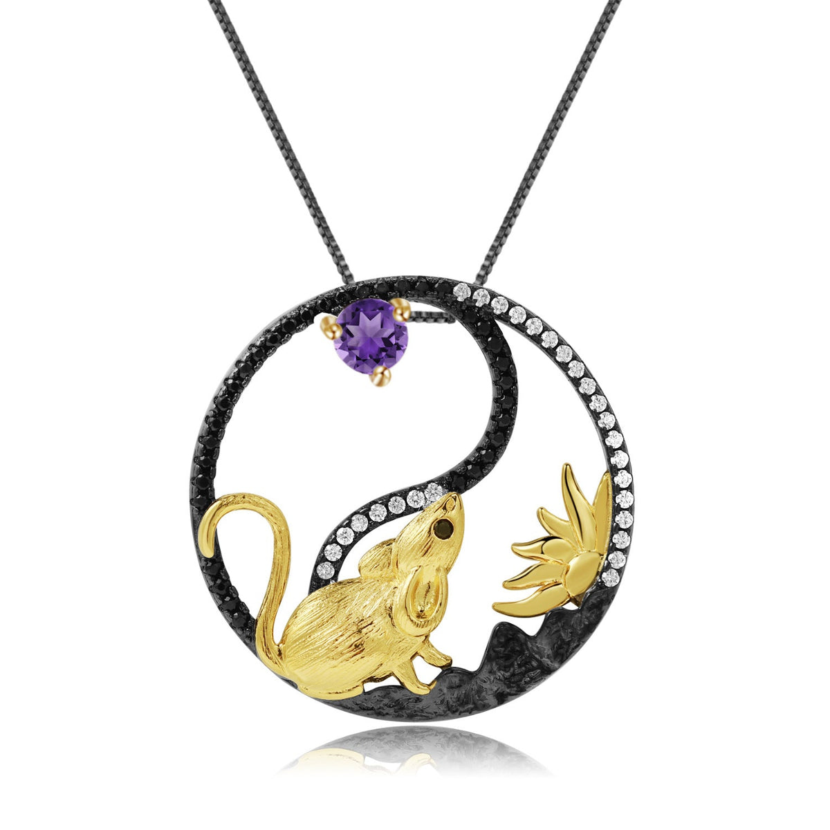 Chinese Style Element Design Zodiac Series Rat Natural Gemstone Pendant Silver Necklace for Women