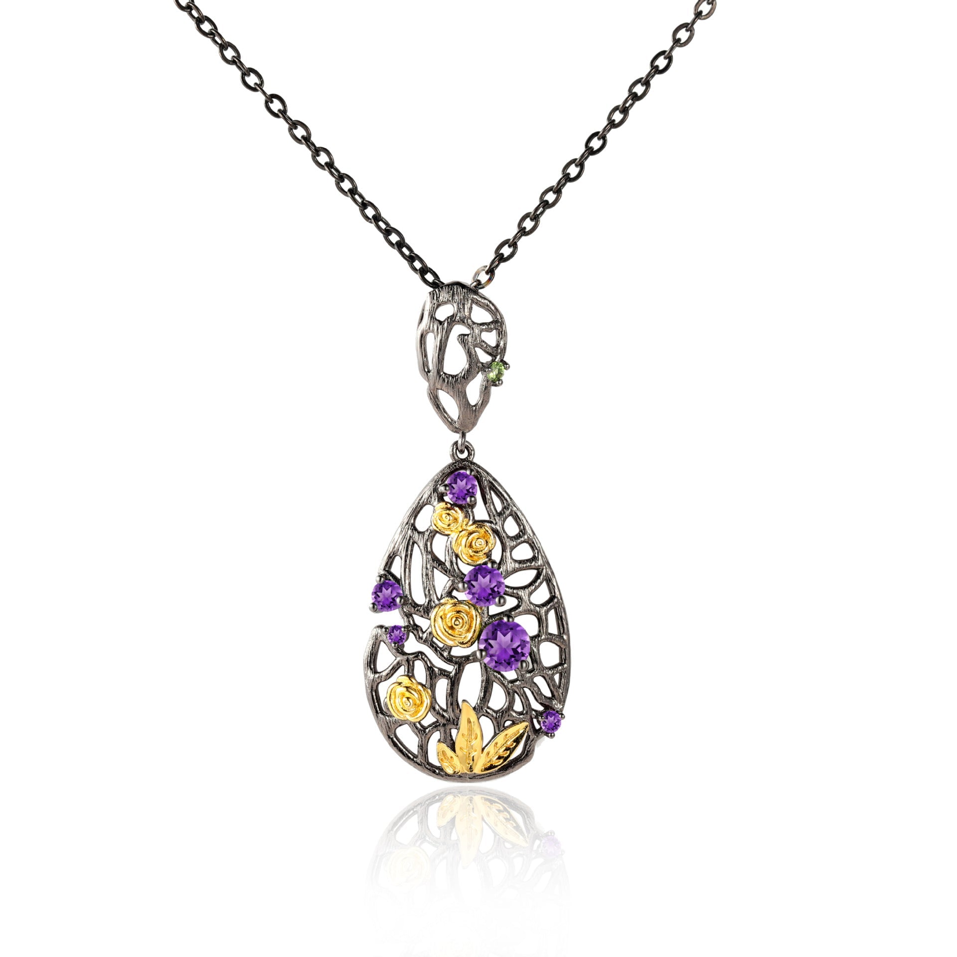 Retro Premium Jewelry Inlaid Colourful Gemstones Rose Garden Pendant Sterling Silver Necklace for Women