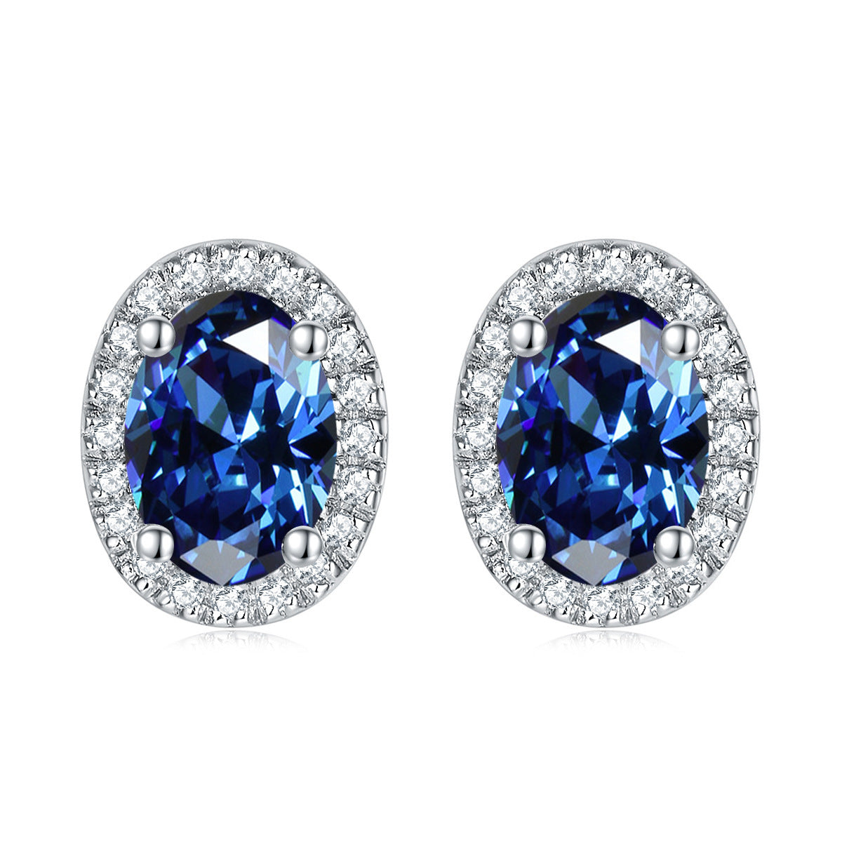 Oval Zircon Soleste Halo Silver Studs Earrings for Women