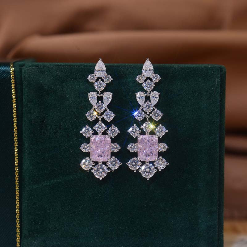 Rectangular Pink Zircon Flower Tassel Drop Earrings