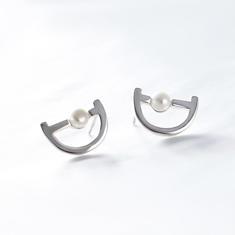 Letter D with Freshwater Pearl Silver Stud Earrings for Women