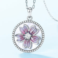 Purple Enamel Orchid Round Shape Pendant Zircon Sterling Silver Necklace