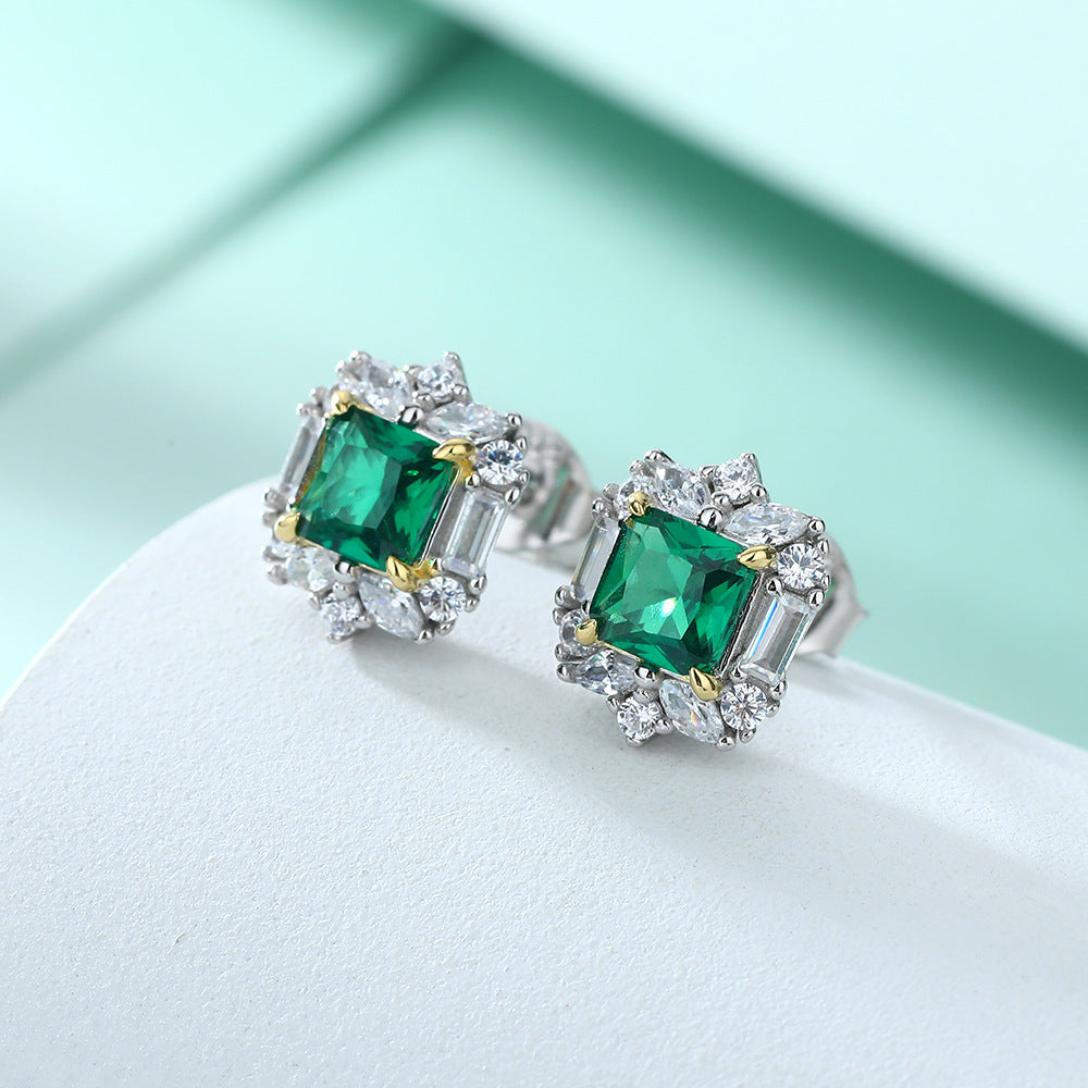 Green Square Zircon Flower Design Silver Studs Earrings for Women