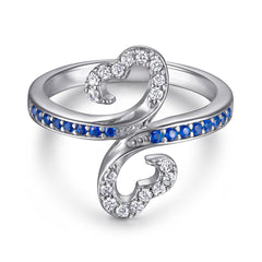 Royal Blue Zircon Exaggerated Two Hearts Silver Ring