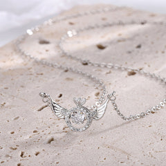 Angel Wing with Zircon Circle Pendant Silver Necklace for Women