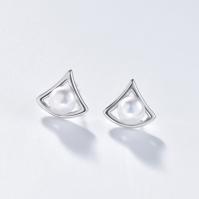 Round Freshwater Pearl Triangle Sterling Silver Stud Earrings