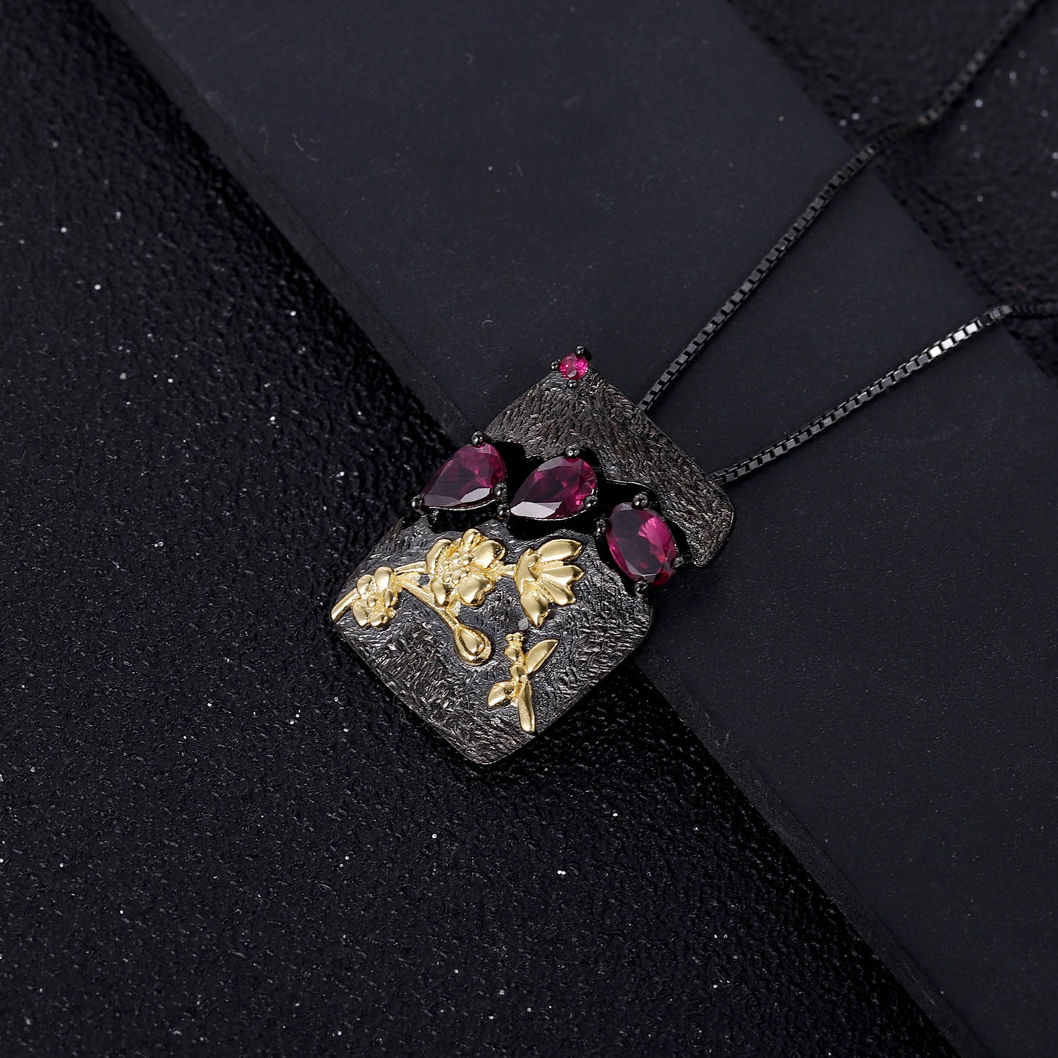 High-grade Style Secret Garden Design Natural Colourful Gemstone Rectangle Flower Pendant Silver Necklace for Women