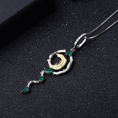 Secret Garden Premium Natural Style Design Inlaid Green Agate Pendant Sterling Silver Necklace for Women