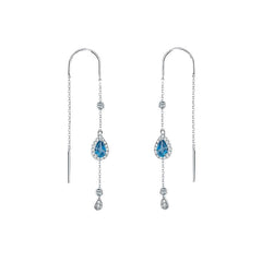 Pear Shape Natural Gemstone Tassel Ear Line Silver Earrings