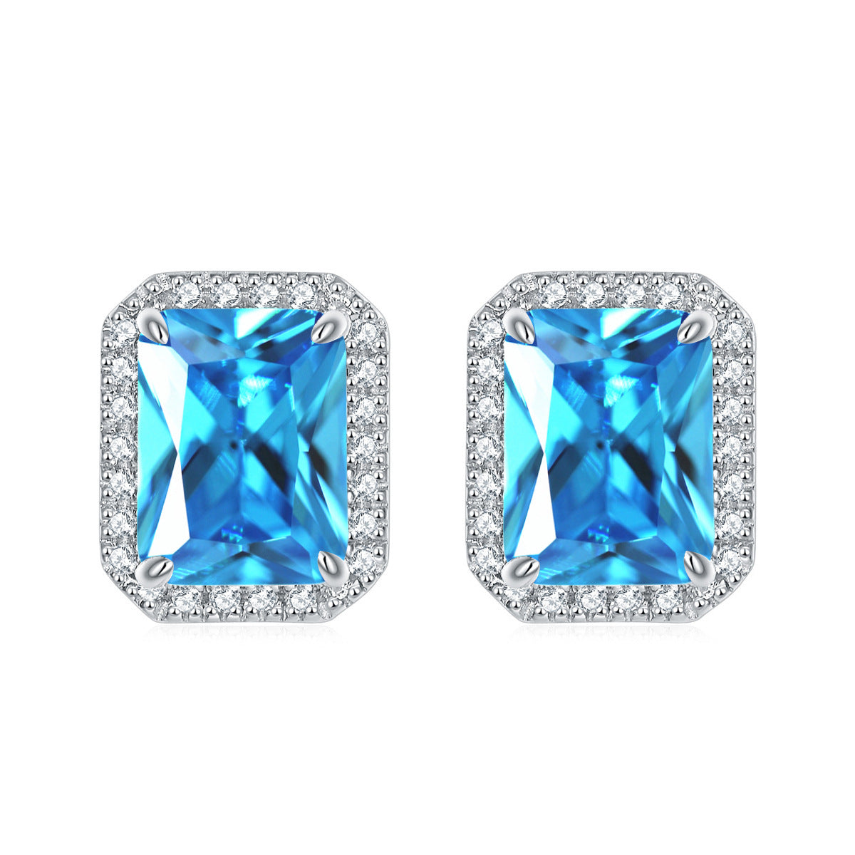 Rectangular Zircon Solesta Halo Silver Studs Earrings for Women
