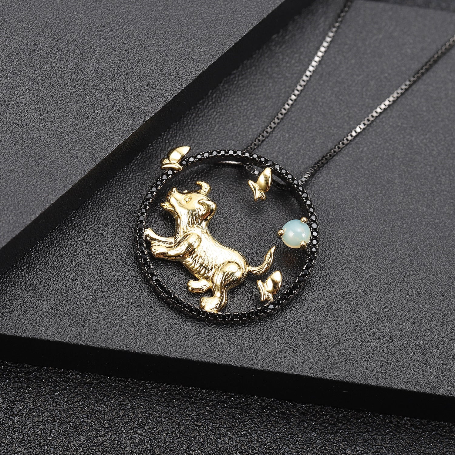 Chinese Style Element Design Zodiac Series Dog Natural Gemstone Pendant Silver Necklace for Women