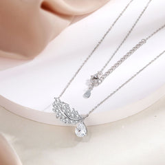 Pear Shape Zircon Feather Pendant Sterling Silver Necklace