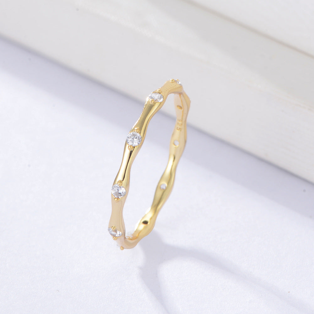 White Zircon Geometric Bamboo Design Sterling Silver Ring