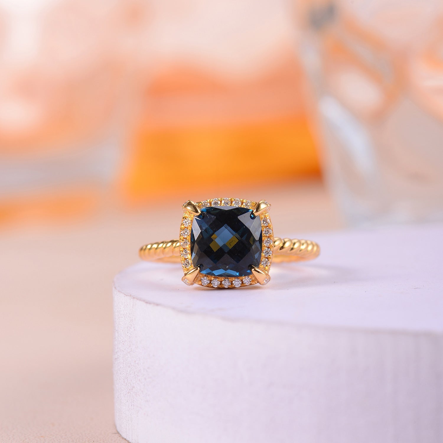 Soleste Halo Square Natural London Blue Topaz Silver Ring