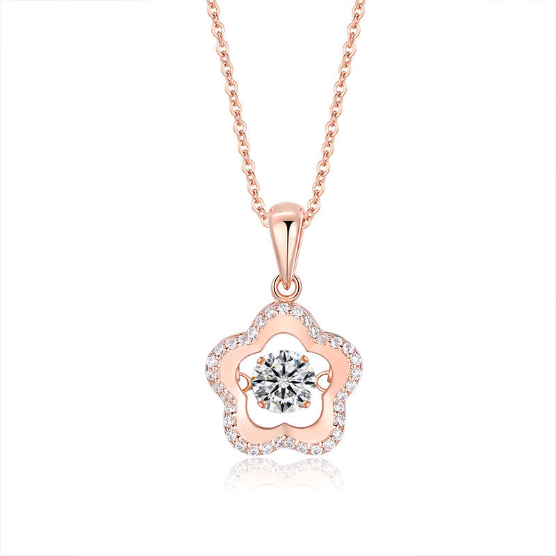 Round Zircon Five-petal Flower Pendant Silver Necklace for Women