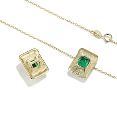 Retro Brushed Rectangle Pendant Cushion Cut Green Zircon Silver Necklace