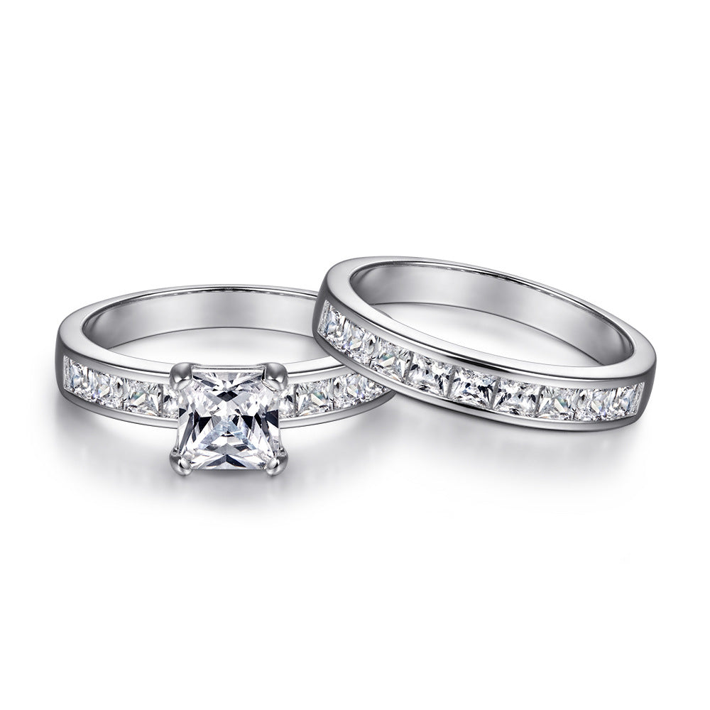 Princess Cut Zircon with Half Eternity Silver Ring Set