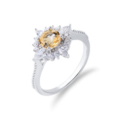 Yellow Crystal Sun Shape Halo Sterling Silver Ring