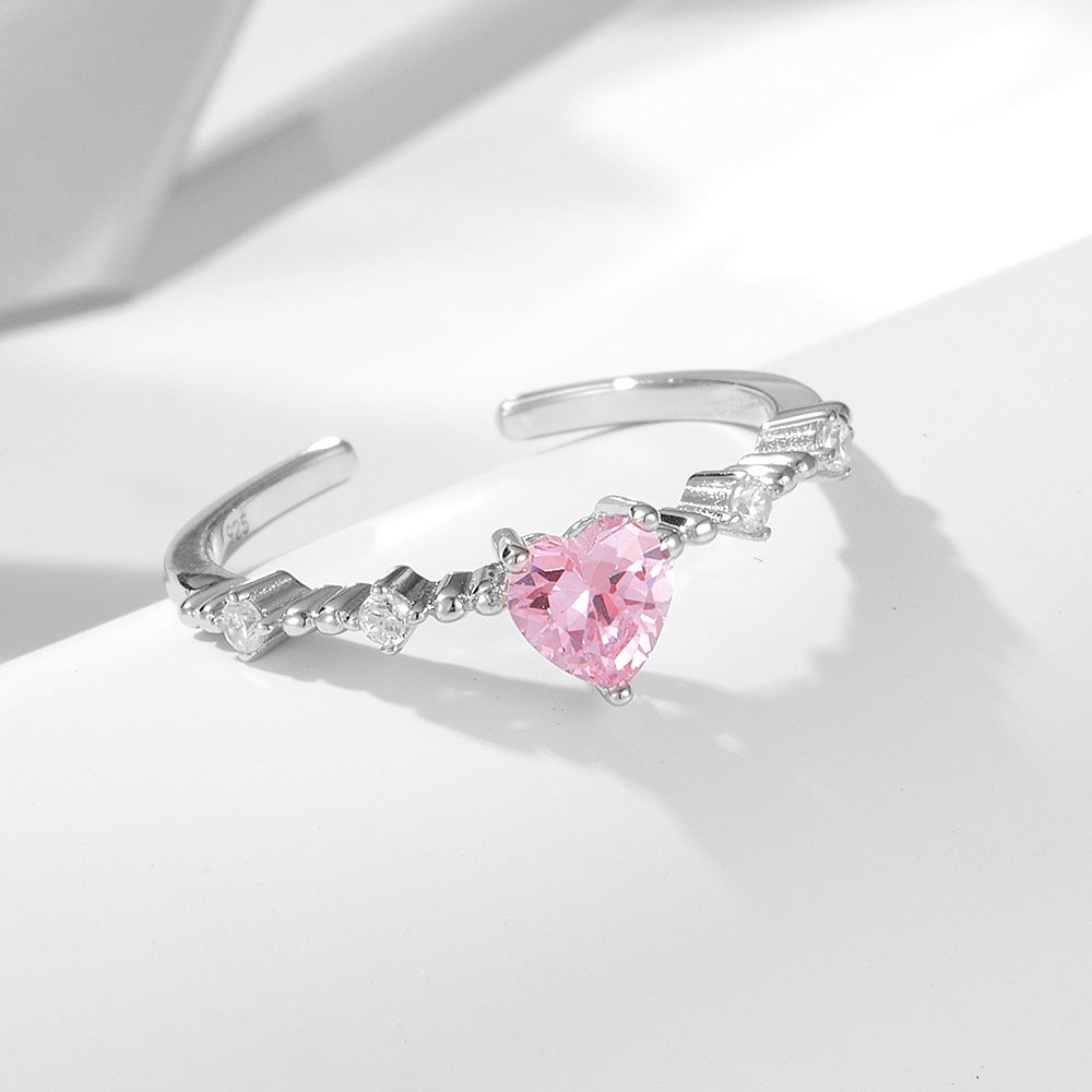 Heart Shape Pink Zircon Slim Opening Sterling Silver Ring