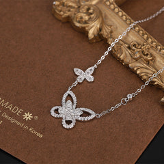 Hollow Double Butterfly with Zircon Silver Necklace for Women