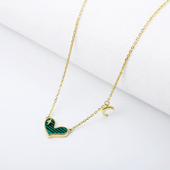 Heart-shape Malachite with Zircon Star and Moon Silver Necklace for Women