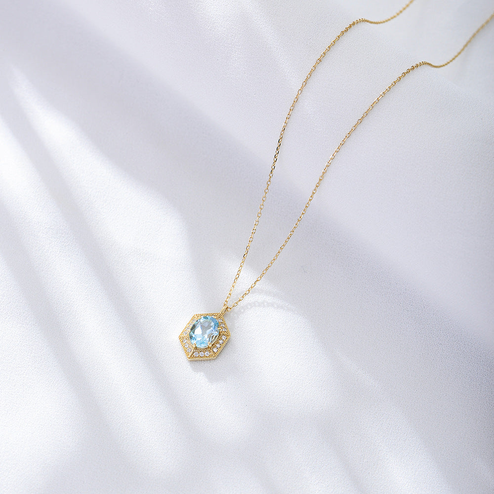 Retro Natural Sky Blue Topaz Soleste Halo Silver Necklace for Women