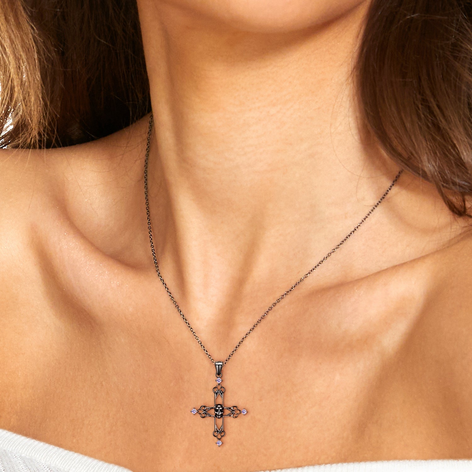 Black Skull Hollow Cross Pendant Purple Zircon Silver Necklace